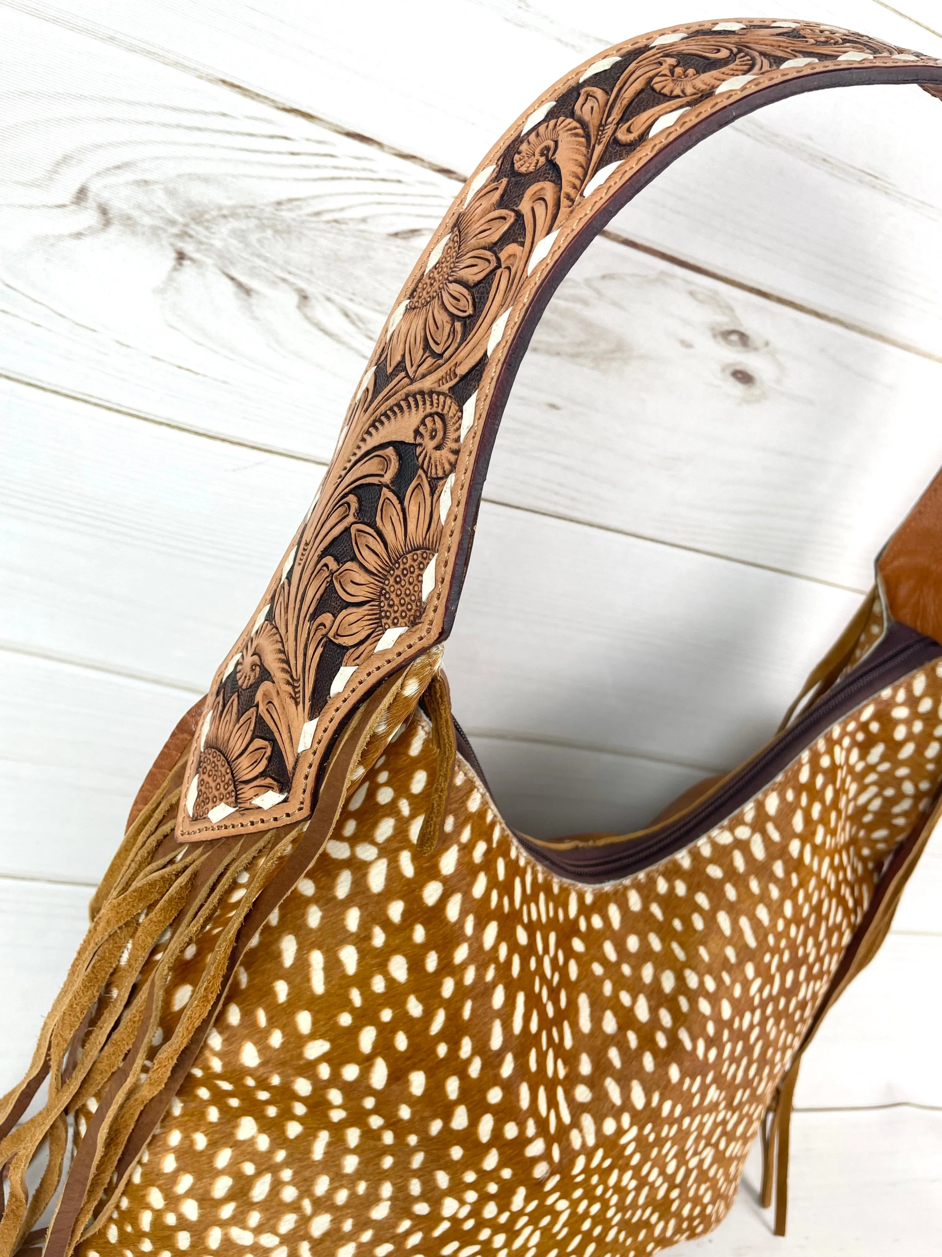 Deer Print on Cowhide Floral Tooled Fringe Hobo Style Purse
