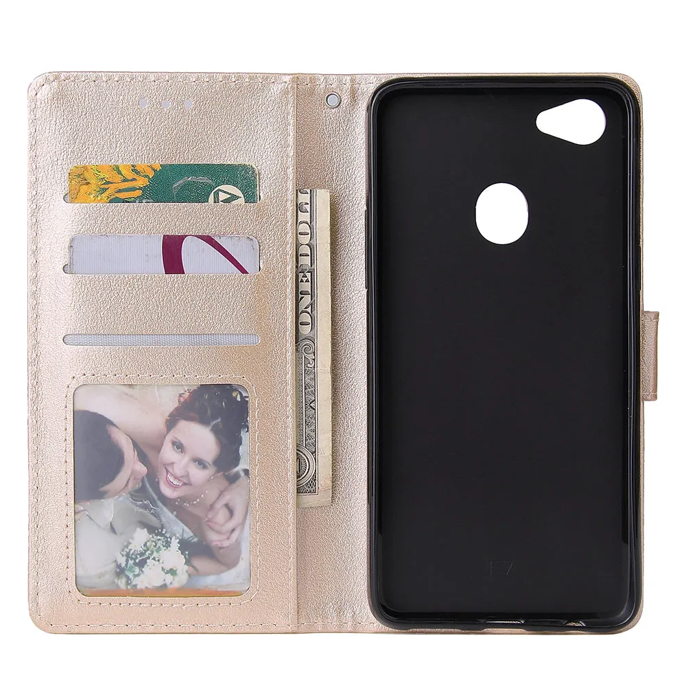 For OPPO F7 Wallet-type PU Leather Protective Phone Case with Buckle & 3 Card Position Gold